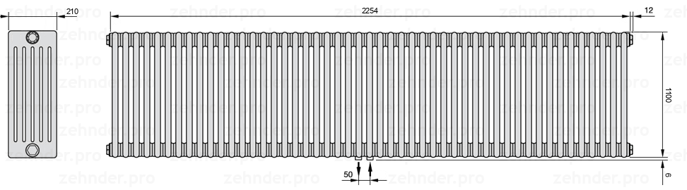 Схема (чертеж) Радиатор Zehnder Charleston 6110/49 №5410 Белый глянцевый RAL 9016